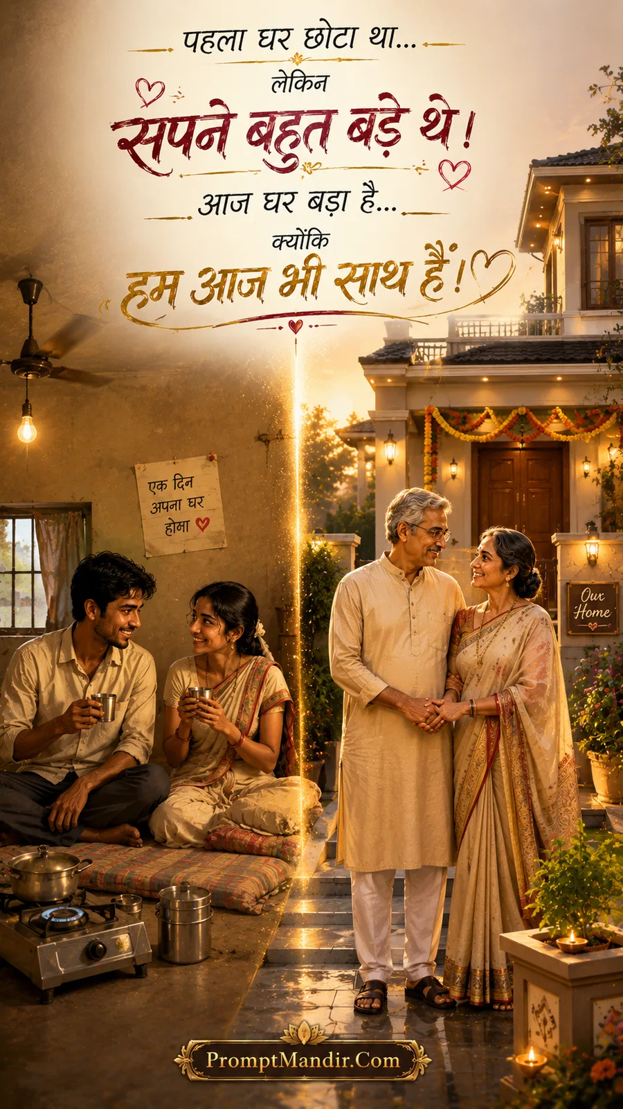 Creative split-screen artwork showing a young couple cooking on a stove in a small room, and an elderly couple holding hands in front of a big house