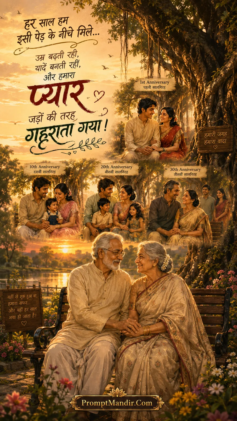 Collage-style artwork showing a couple celebrating their 1st, 10th, 20th, 30th, and elderly anniversaries under the same tree