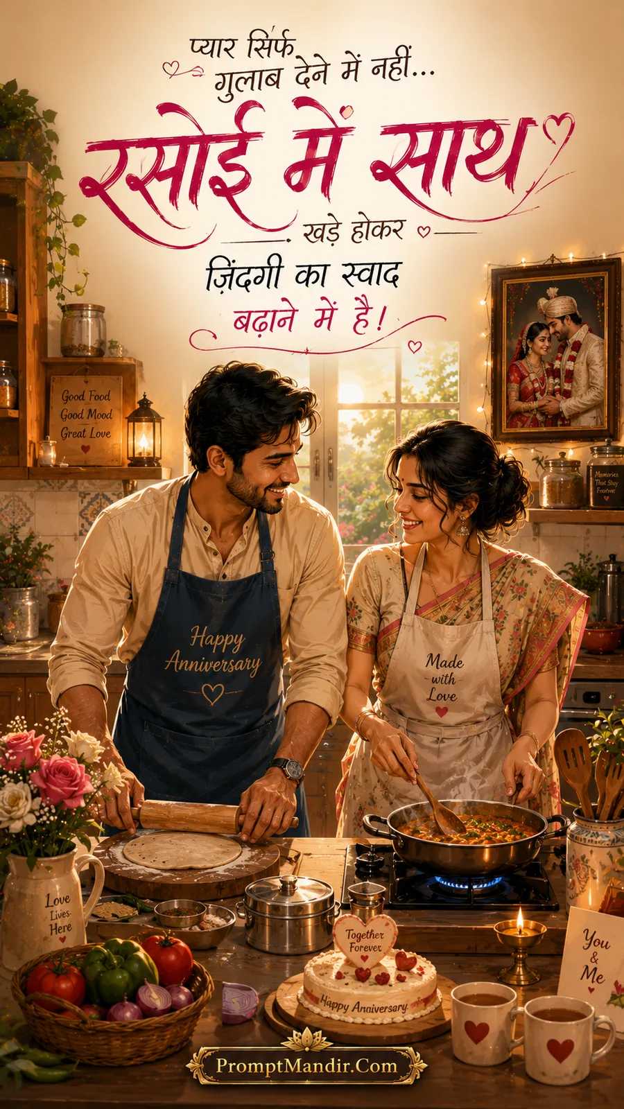 Cheerful scene of a husband and wife cooking together in a kitchen on their anniversary, wearing matching aprons and smiling