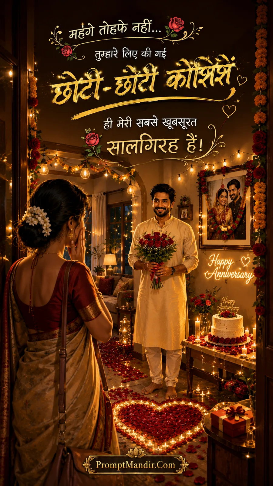 Surprise anniversary scene of a husband standing in a room decorated with rose petals, fairy lights, and a cake, as his wife enters
