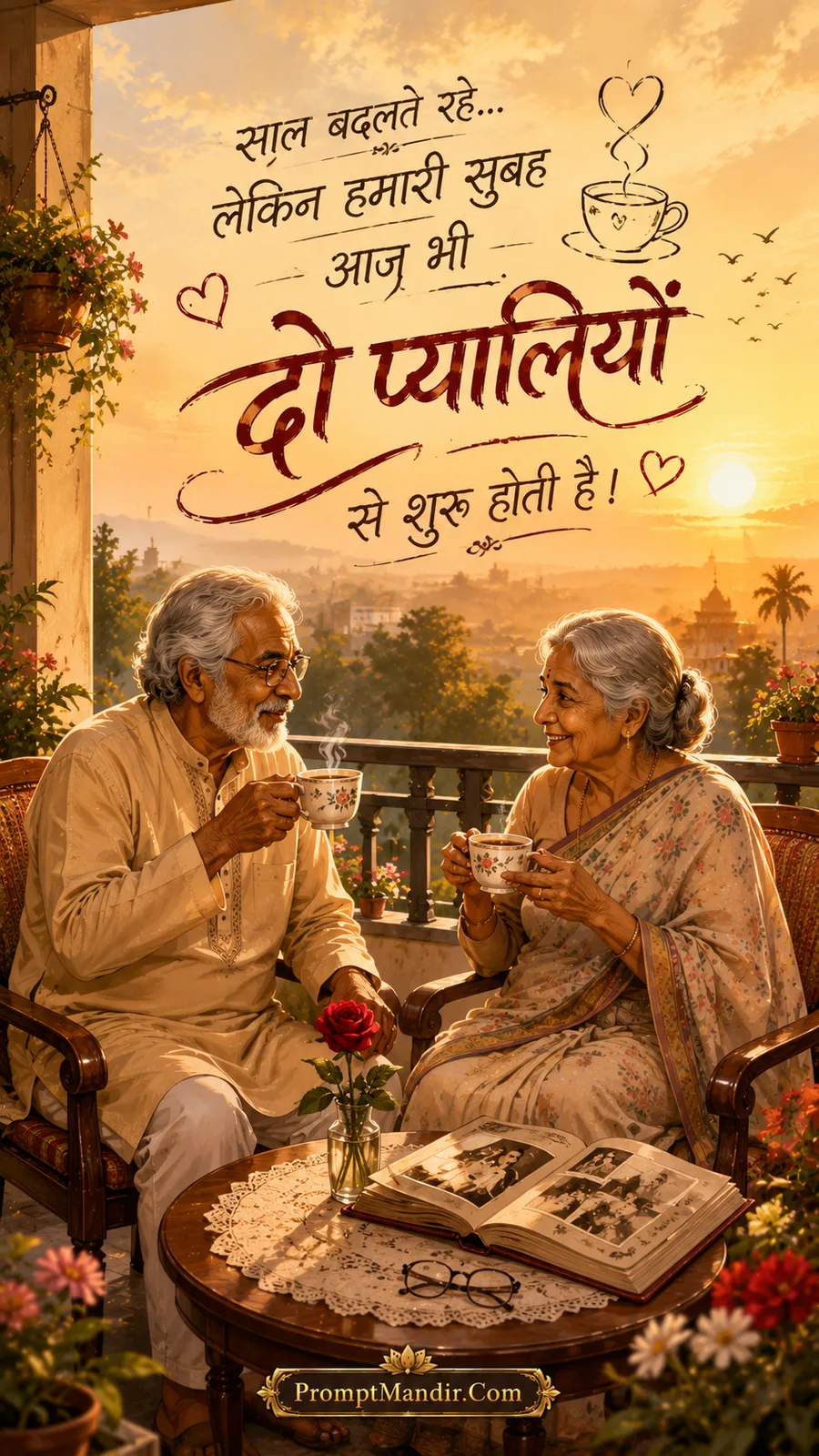 Peaceful scene of an elderly couple sitting on a balcony at sunrise, drinking tea from floral cups and smiling at each other