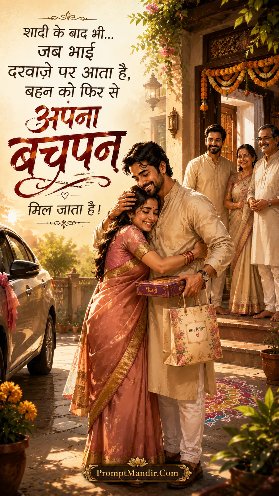 Emotional scene of a brother visiting his married sister at her home, hugging her affectionately while parents watch lovingly