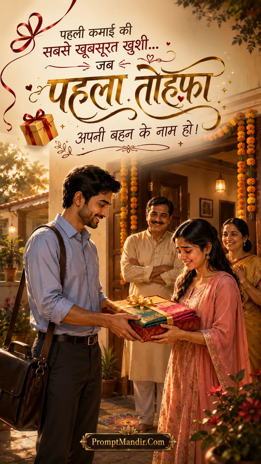 Emotional scene of a young man giving his first salary gift to his sister at their home entrance, with proud parents watching