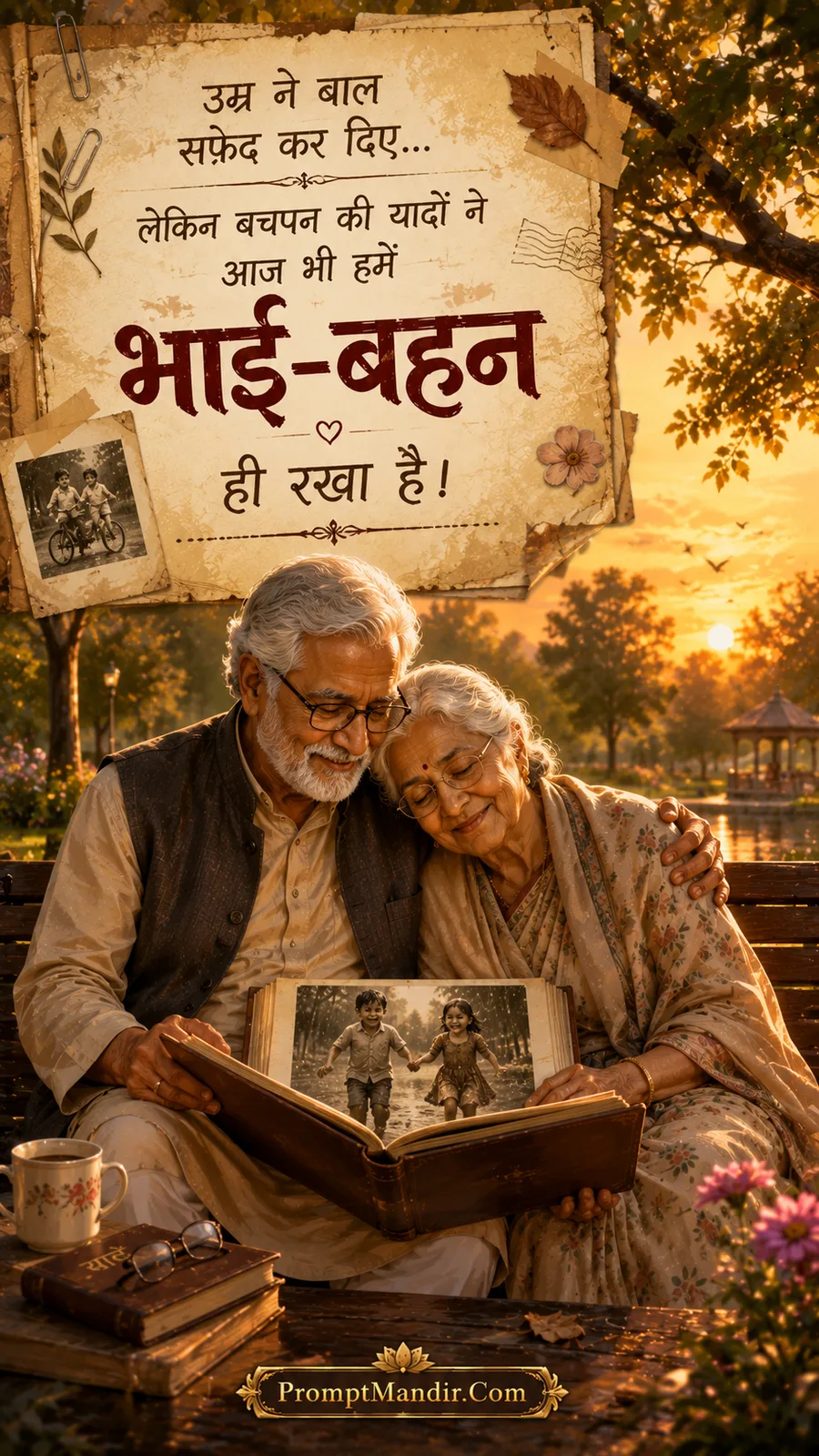 Emotional scene of an elderly brother and sister looking at old childhood photos in an album while sitting on a park bench at sunset