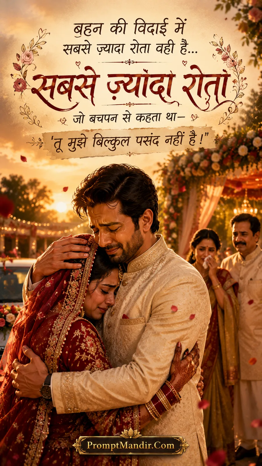 Emotional scene of a brother crying and hugging his sister tightly during her wedding Vidaai ceremony
