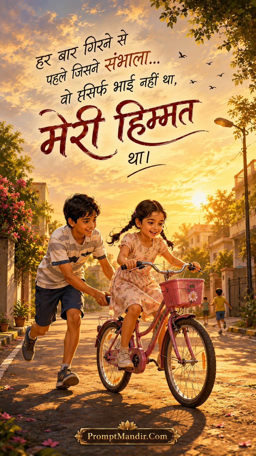 Emotional scene of a big brother running behind his sister's pink bicycle, helping her learn to ride
