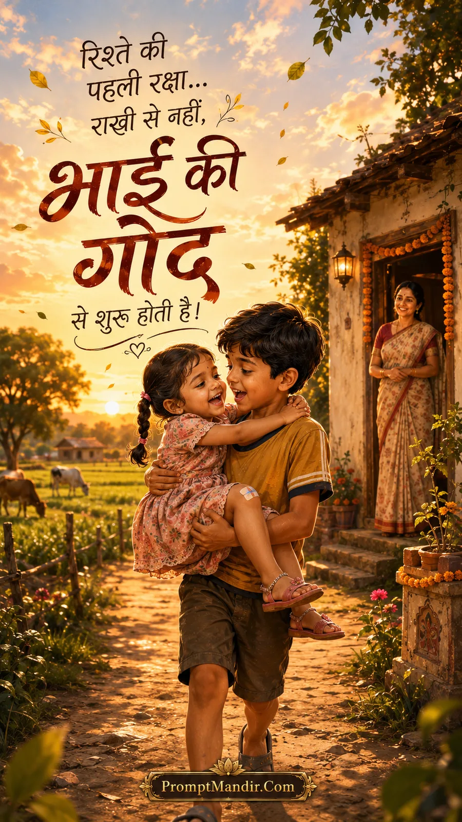 Emotional scene of a young boy carrying his little sister in his arms, walking through a village path