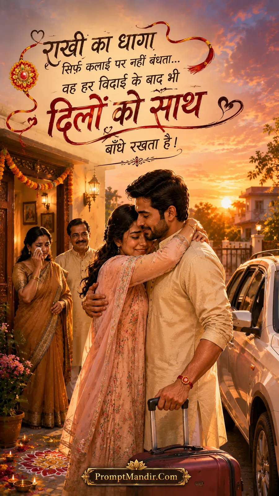 Emotional scene of a sister hugging her brother tightly as he leaves for work, with a Rakhi tied on his wrist and a suitcase in hand