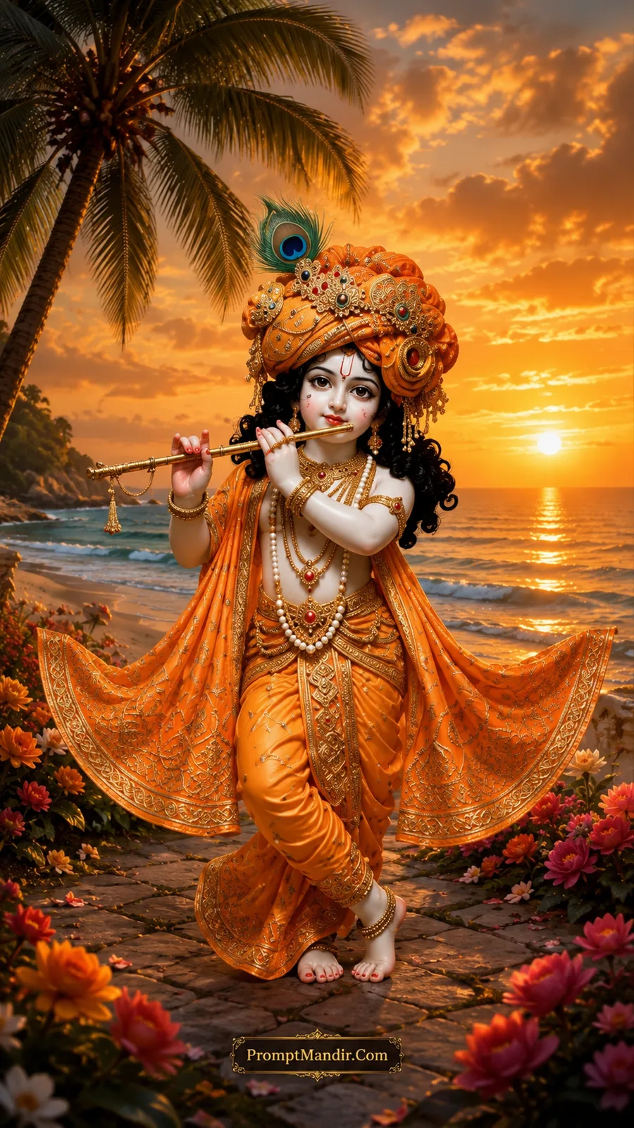 Child Krishna in orange attire playing a golden flute on a beach path at sunset, with palm trees and ocean waves in the background