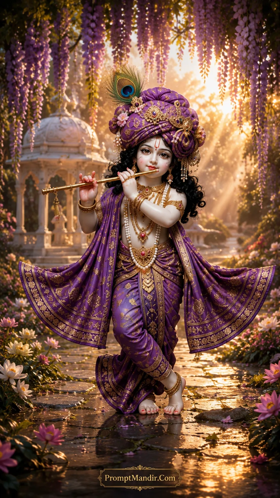 Child Krishna in purple attire playing a golden flute in a garden with wisteria flowers and a white marble pavilion