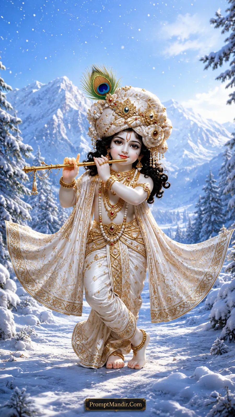 Child Krishna in white attire playing a golden flute in a snowy mountain landscape with falling snow