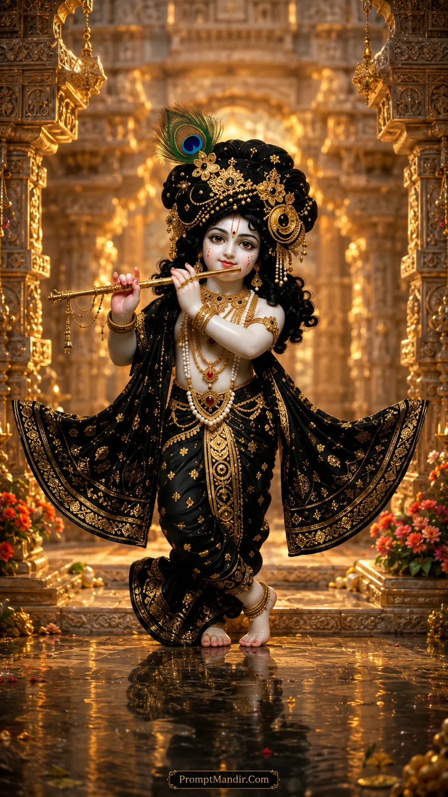 Child Krishna in black attire playing a golden flute in a grand golden temple with marble floors