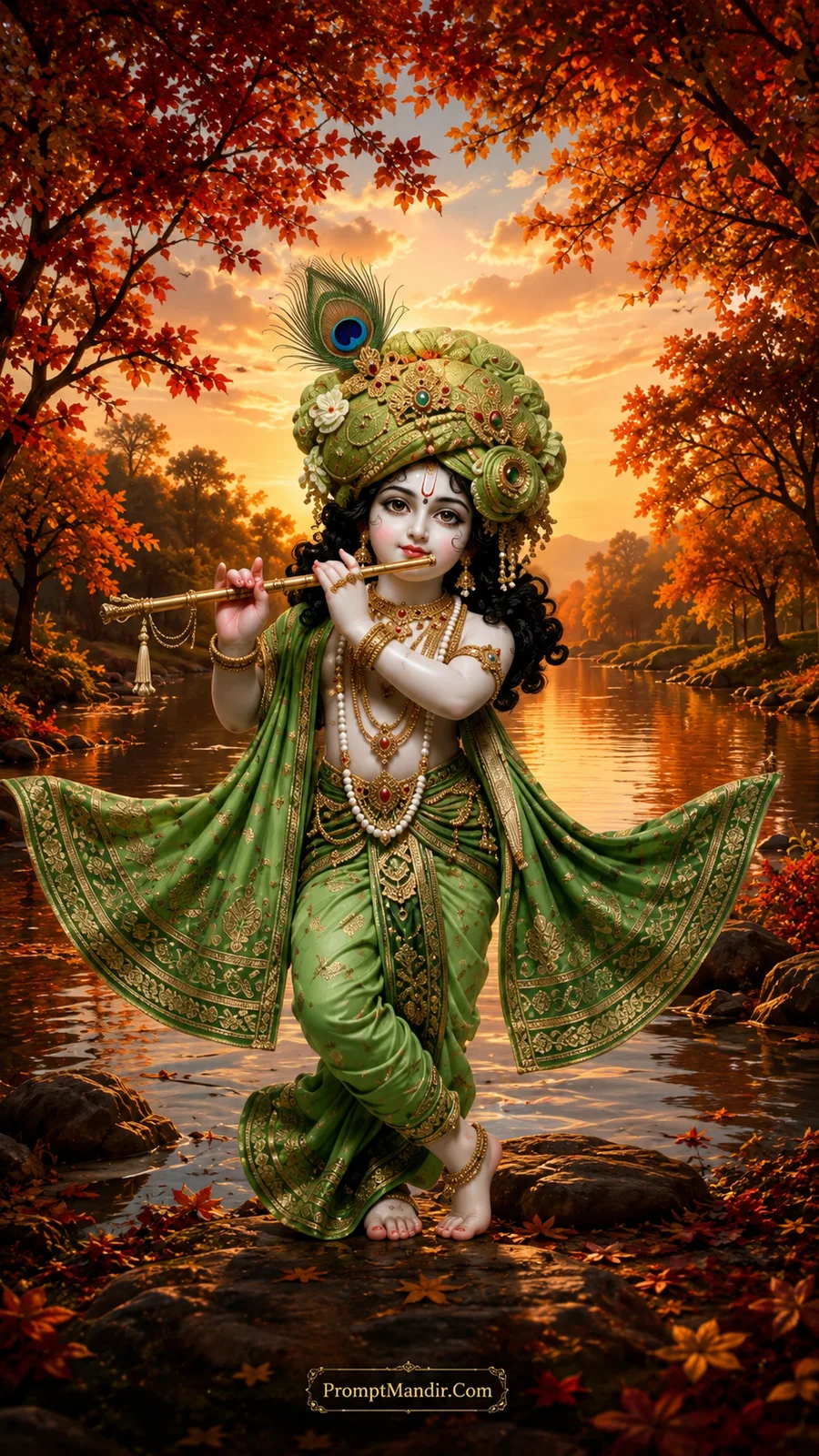 Child Krishna in green attire playing a golden flute on rocks by a river in an autumn forest