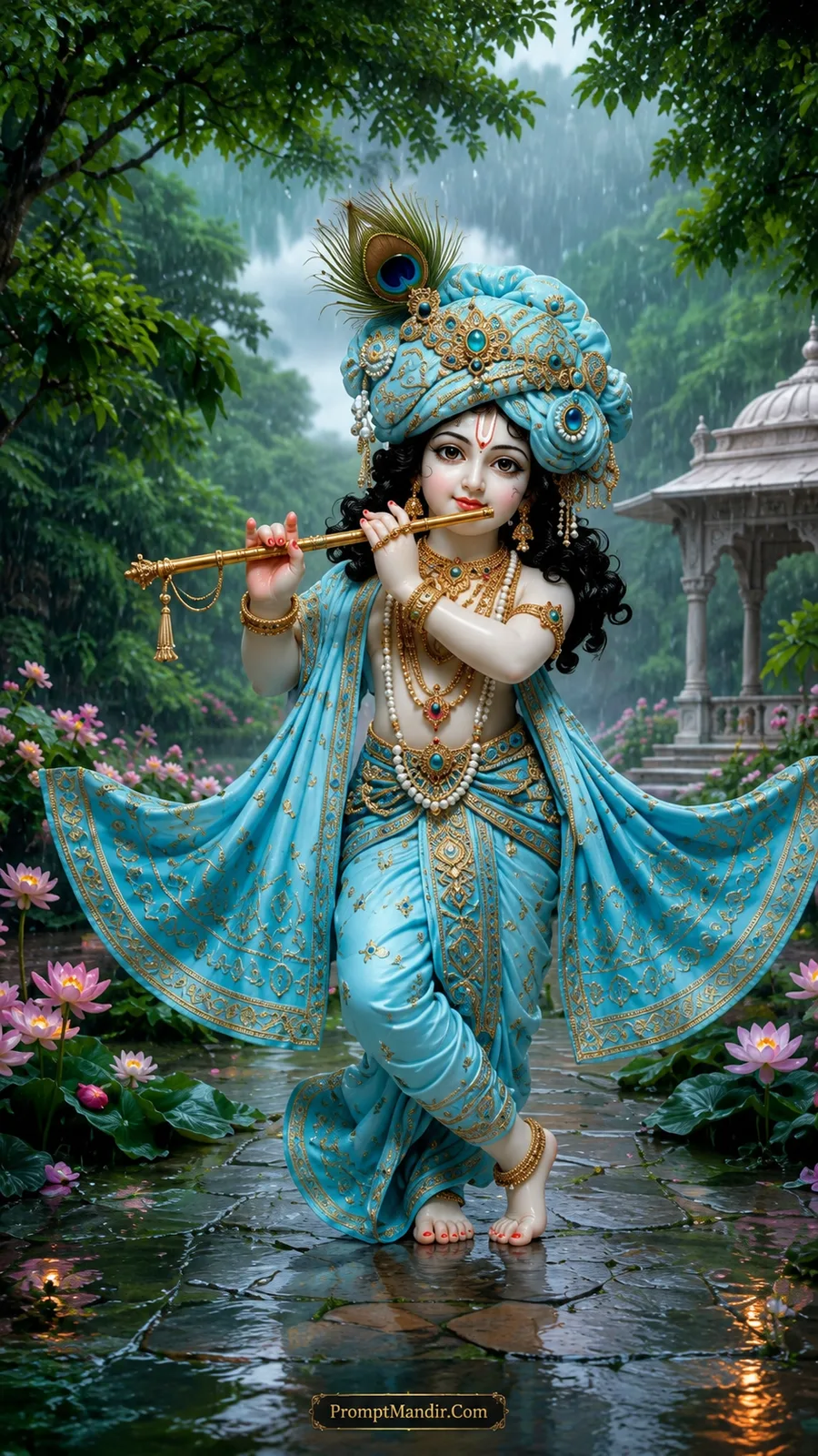 Child Krishna in teal blue attire playing a golden flute in a rainy garden with lotus flowers and a pavilion