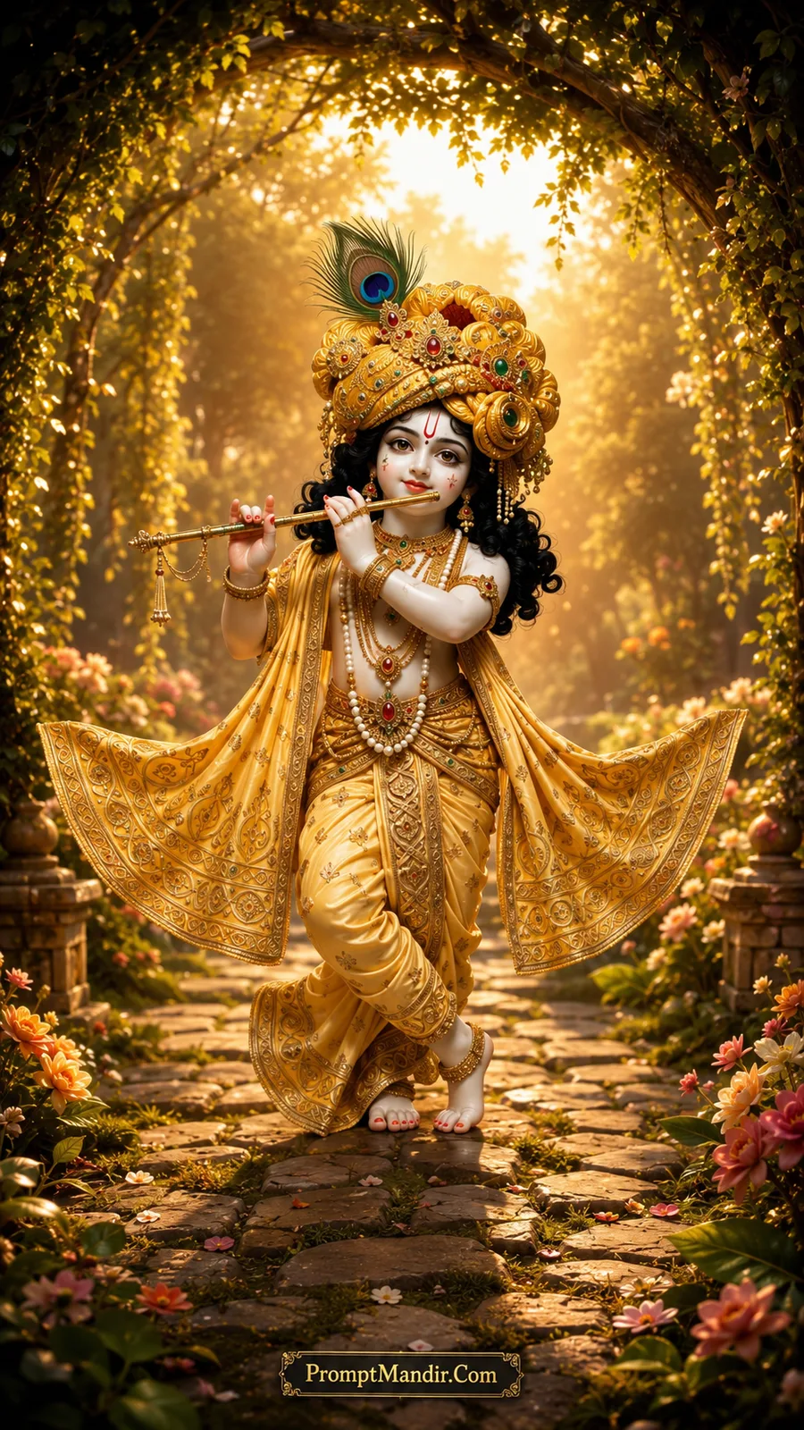 Child Krishna in golden yellow attire playing a golden flute under a lush floral archway