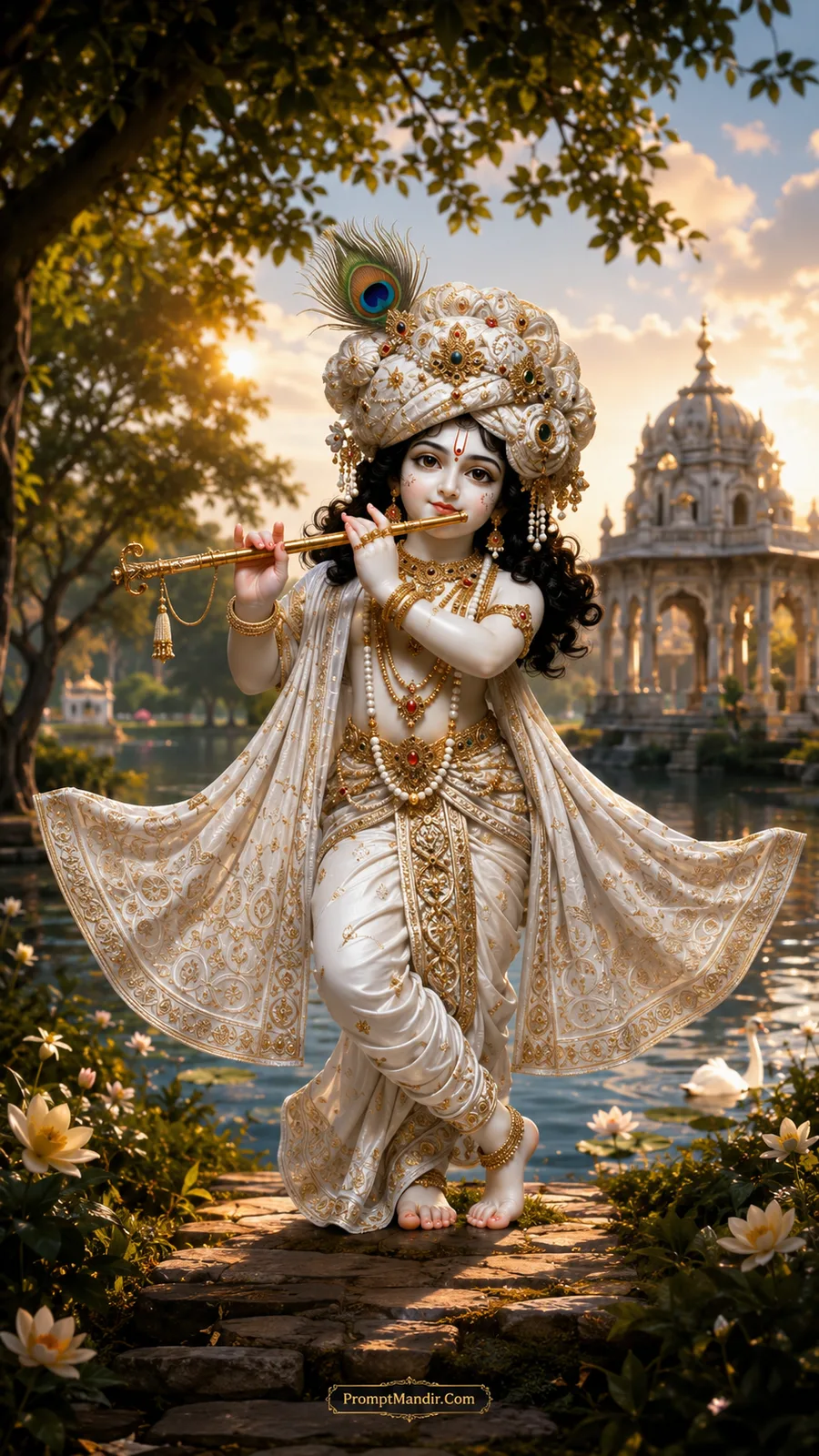 Child Krishna in cream-white attire playing a golden flute by a serene lake with swans and a marble pavilion