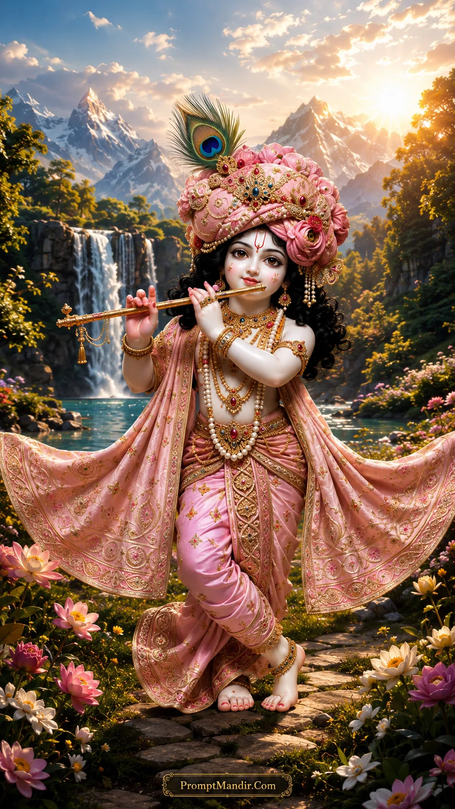 Child Krishna in pink attire playing a golden flute by a mountain waterfall at sunrise