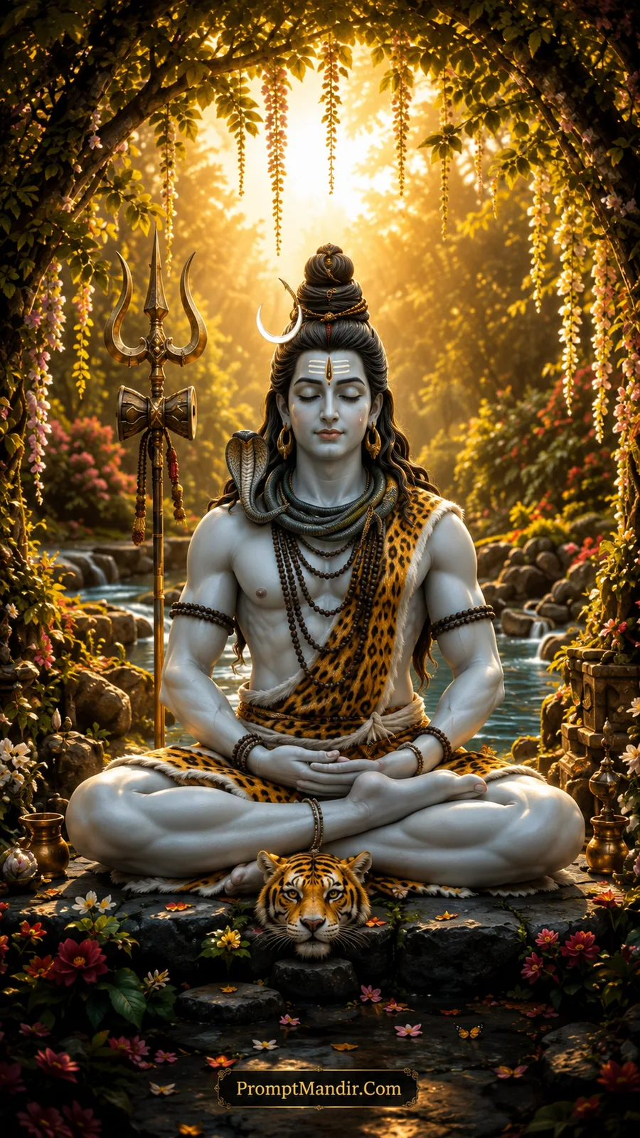 Lord Shiva meditating in a lotus pose in a lush green forest garden with a flowing stream, a Trishul, and a tiger head in front