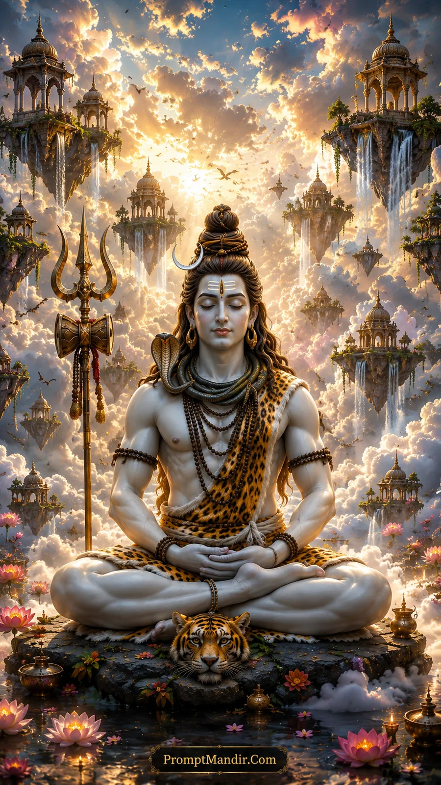 Lord Shiva meditating in a lotus pose in a magical sky with floating temples and clouds