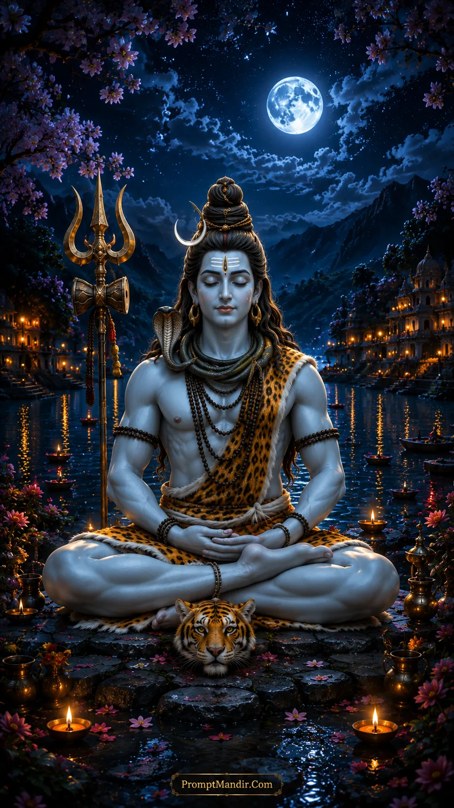 Lord Shiva meditating by a moonlit river at night, with floating diyas and a glowing temple city in the background