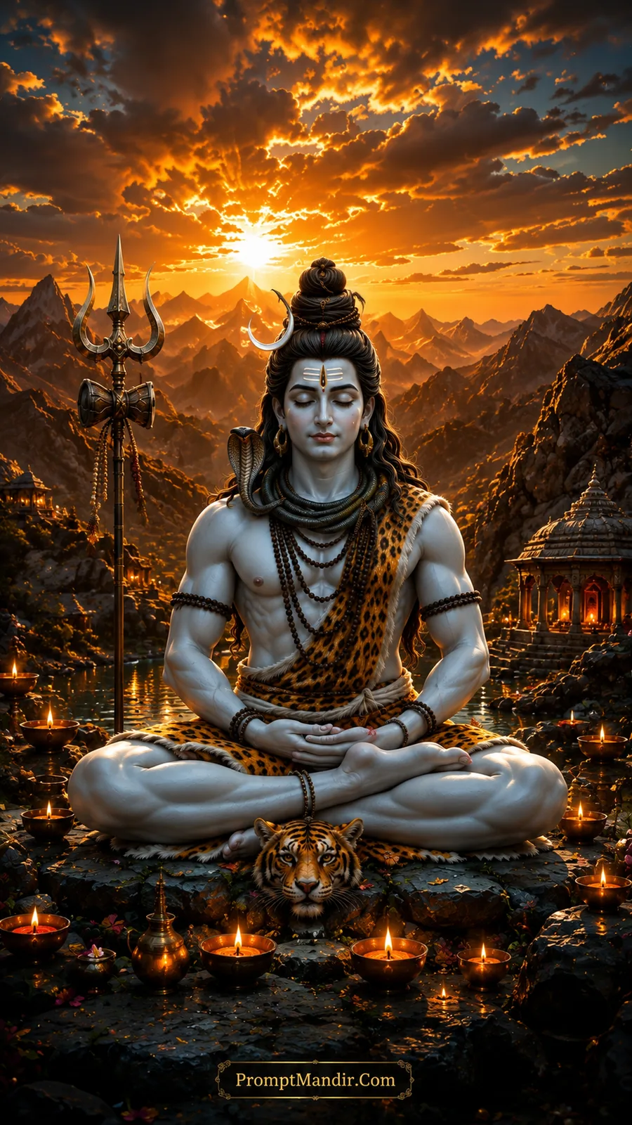 Lord Shiva meditating in a lotus pose in the golden Himalayas at sunset, with diyas and a temple in the background