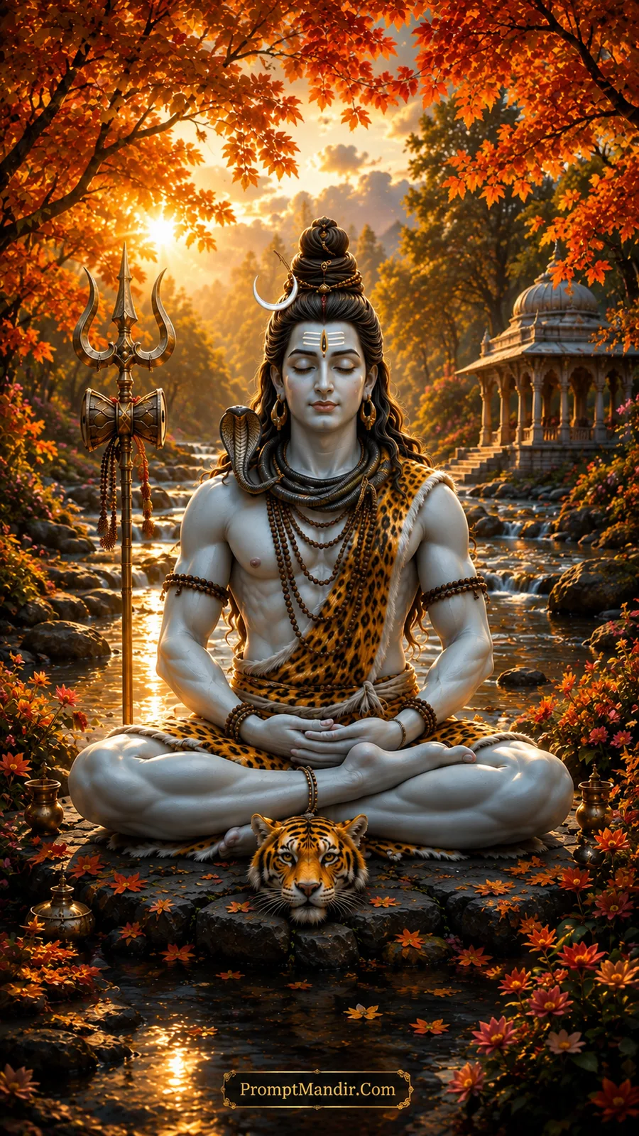 Lord Shiva meditating in a lotus pose by a river in an autumn forest with golden and orange leaves