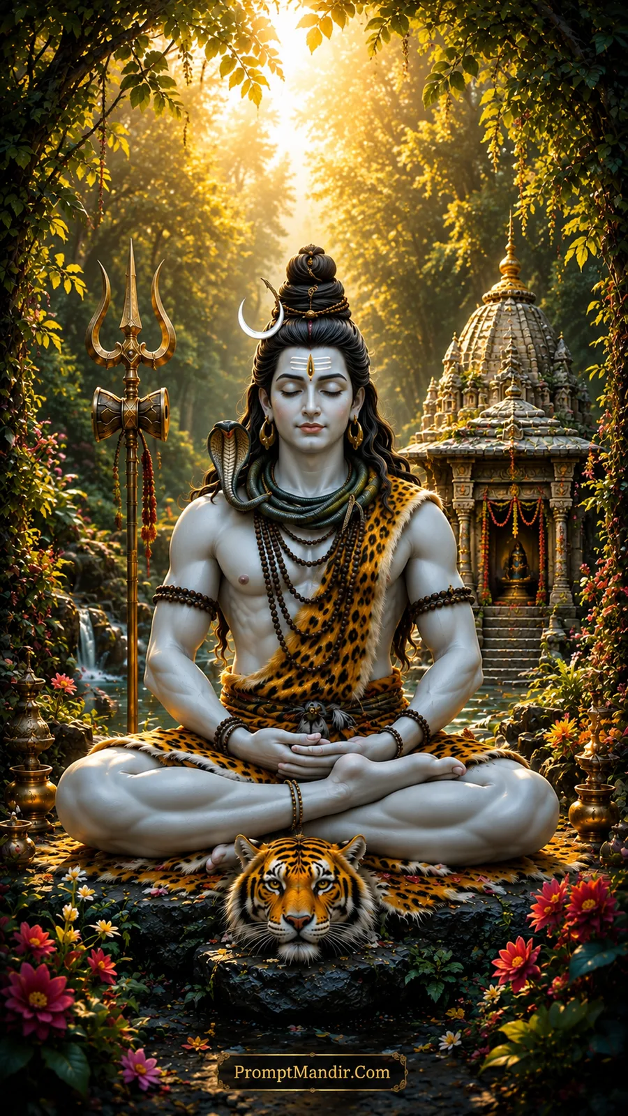 Lord Shiva meditating in a lotus pose in a golden forest near a stone temple