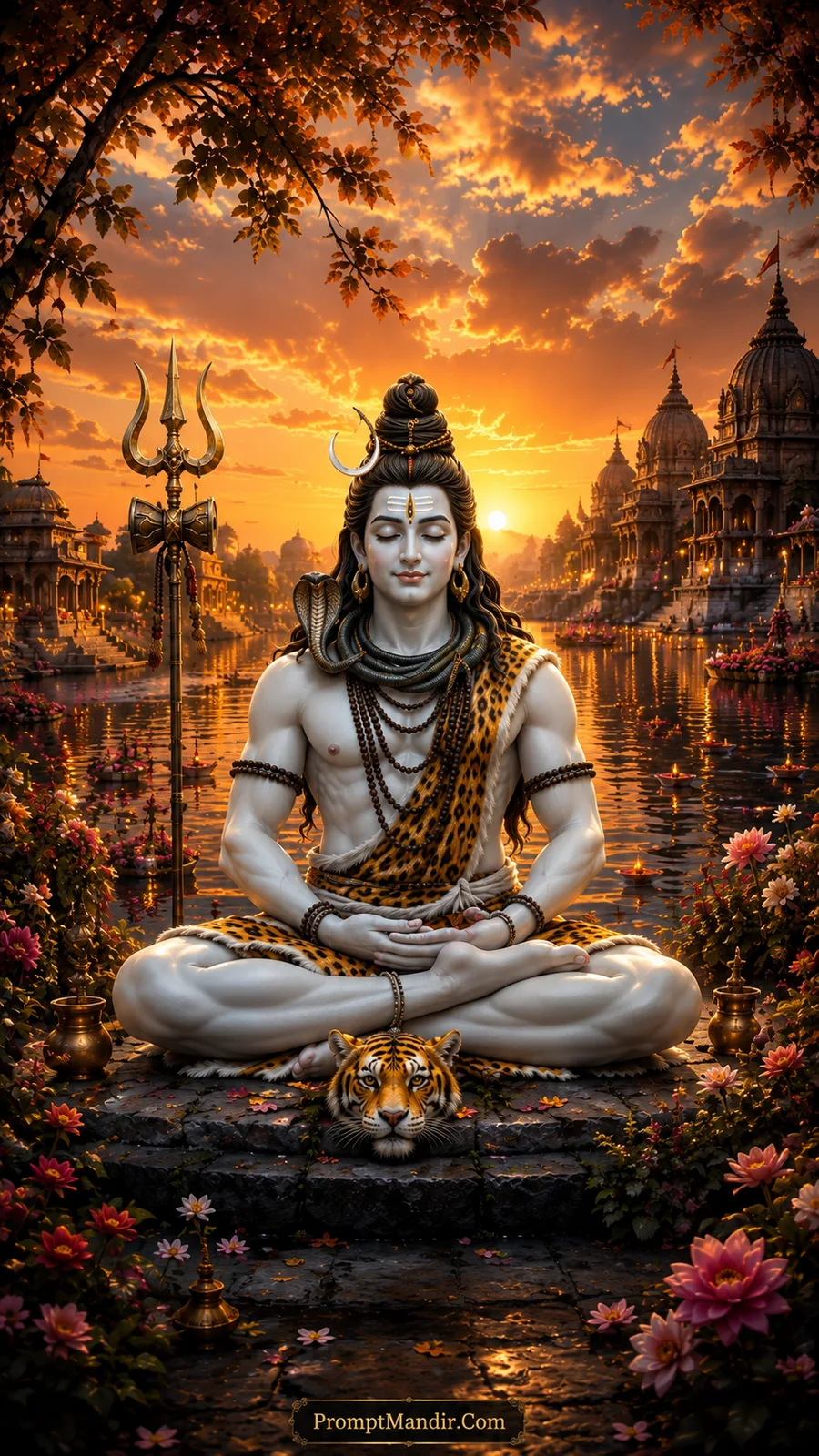 Lord Shiva meditating in a lotus pose by a river ghat at sunset, with a temple city and hundreds of diyas in the background