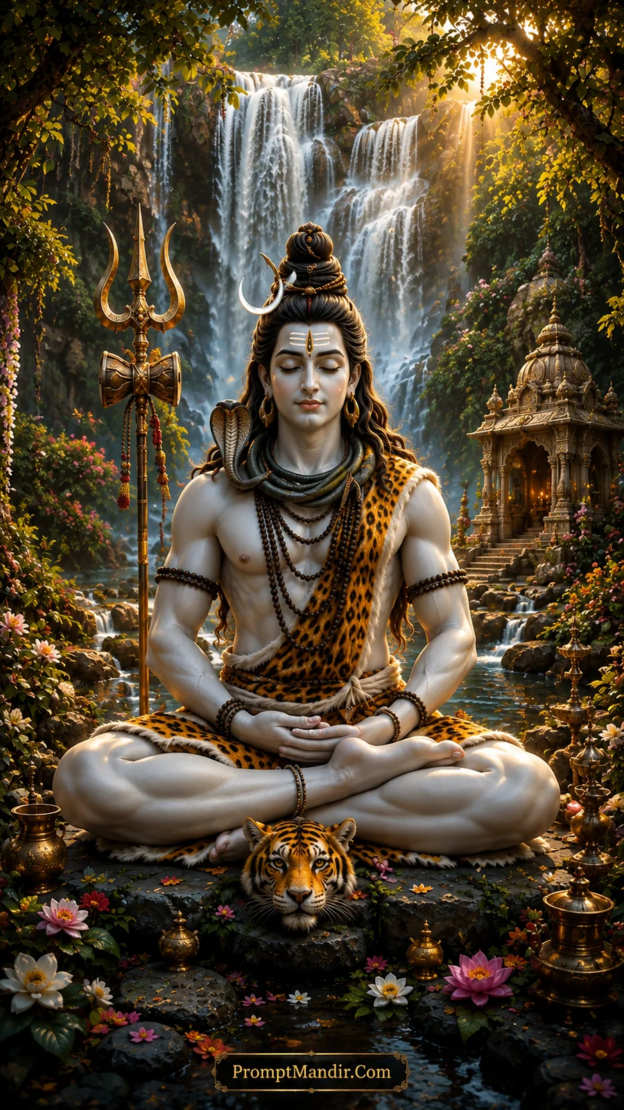 Lord Shiva meditating in a lotus pose in a lush green forest waterfall