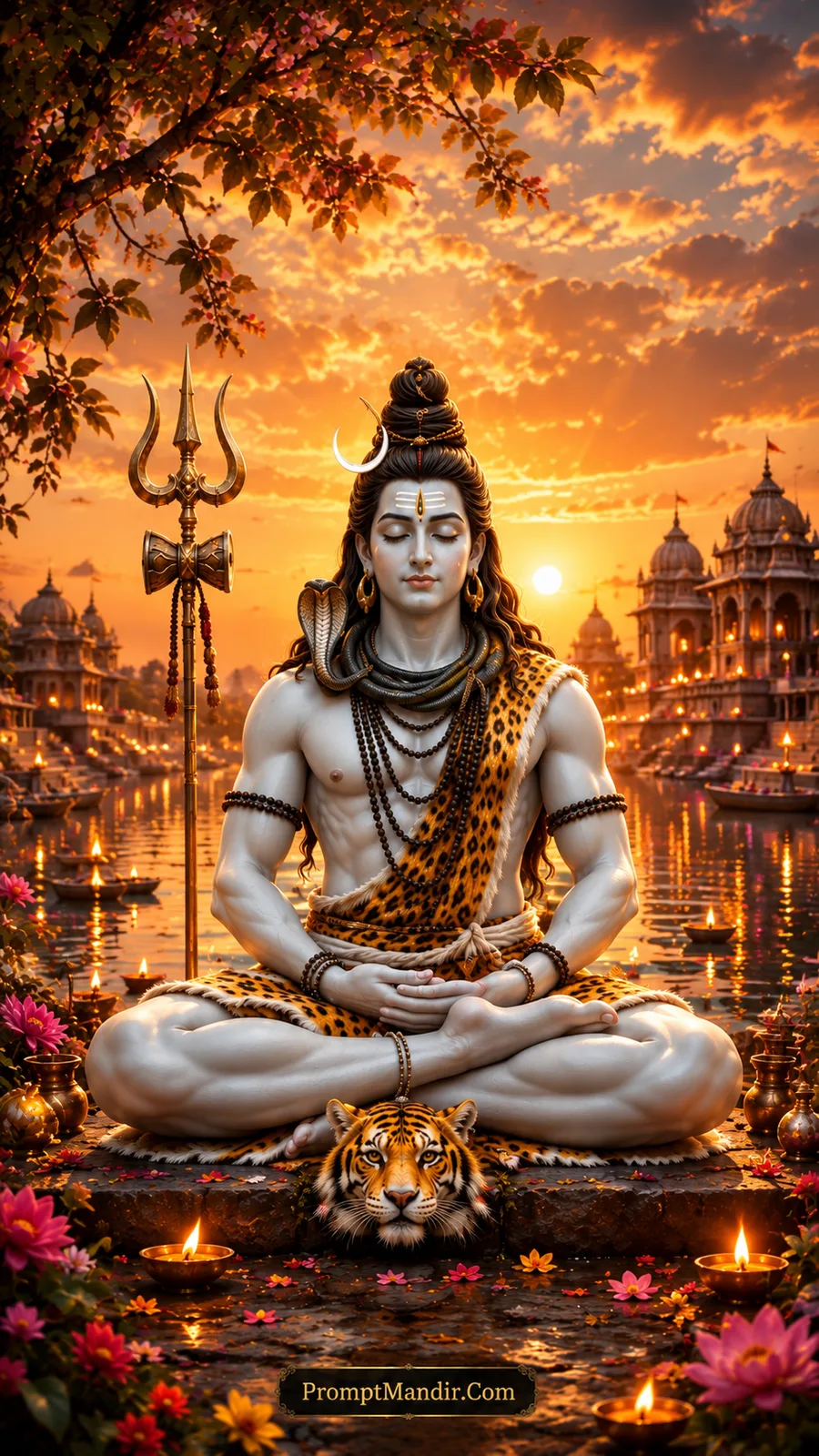 Lord Shiva meditating in a lotus pose in a snowy Himalayan forest with a stone temple