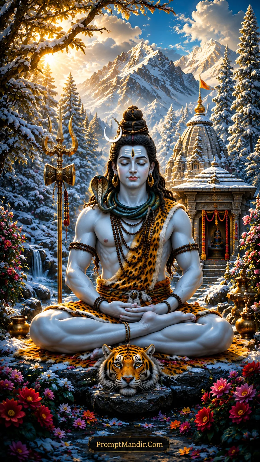 Lord Shiva meditating in a lotus pose by a blue lake with snowy mountains and golden sunlight