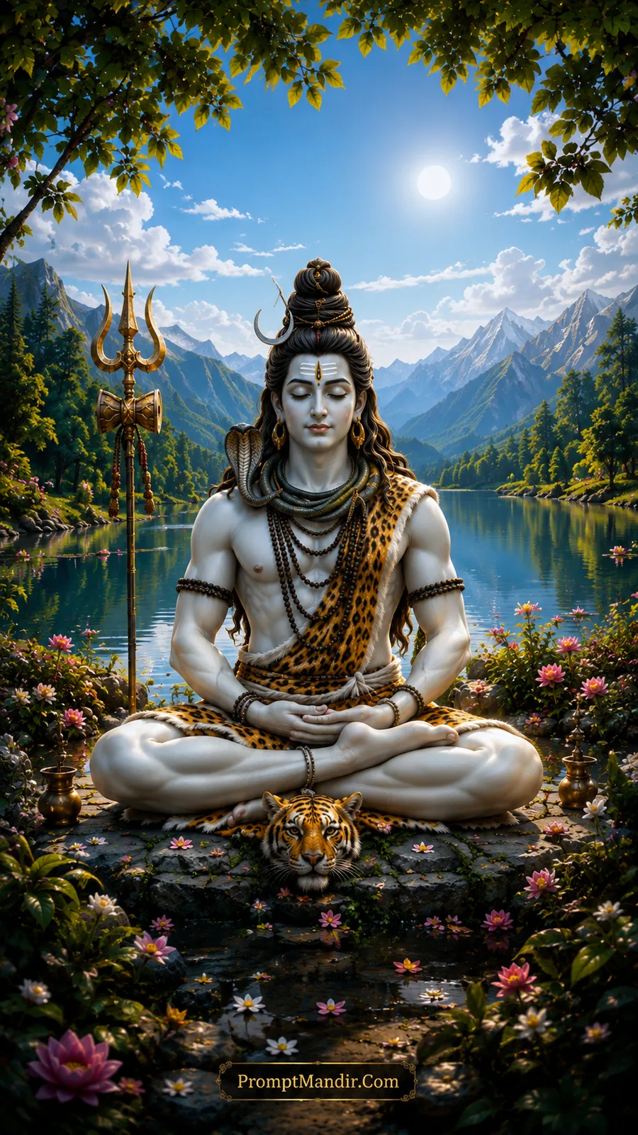 Lord Shiva meditating in a lotus pose by a blue lake with snowy mountains