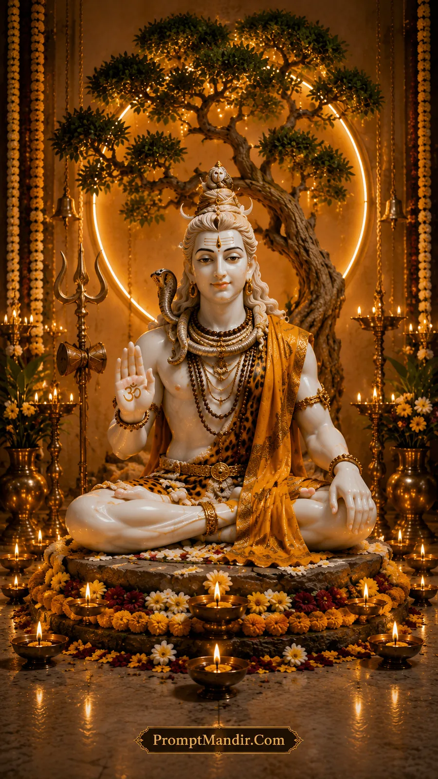 Peaceful Lord Shiva meditating before sacred tree with glowing halo and temple lamps