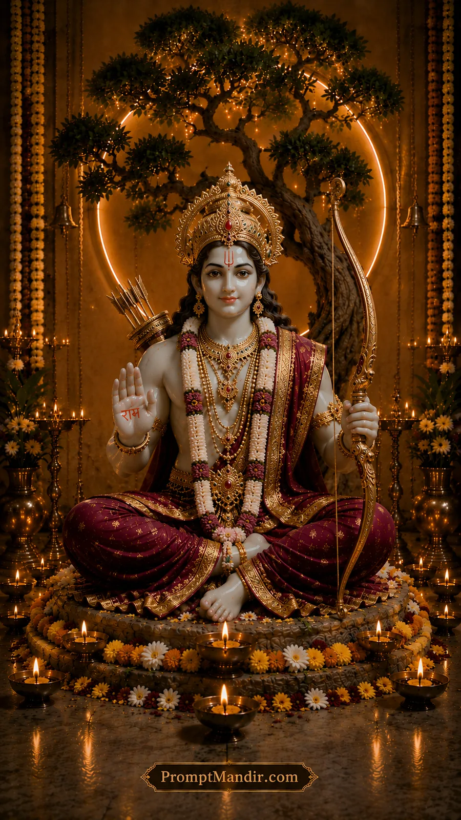 Divine Lord Rama seated with sacred bow beneath illuminated tree and golden halo