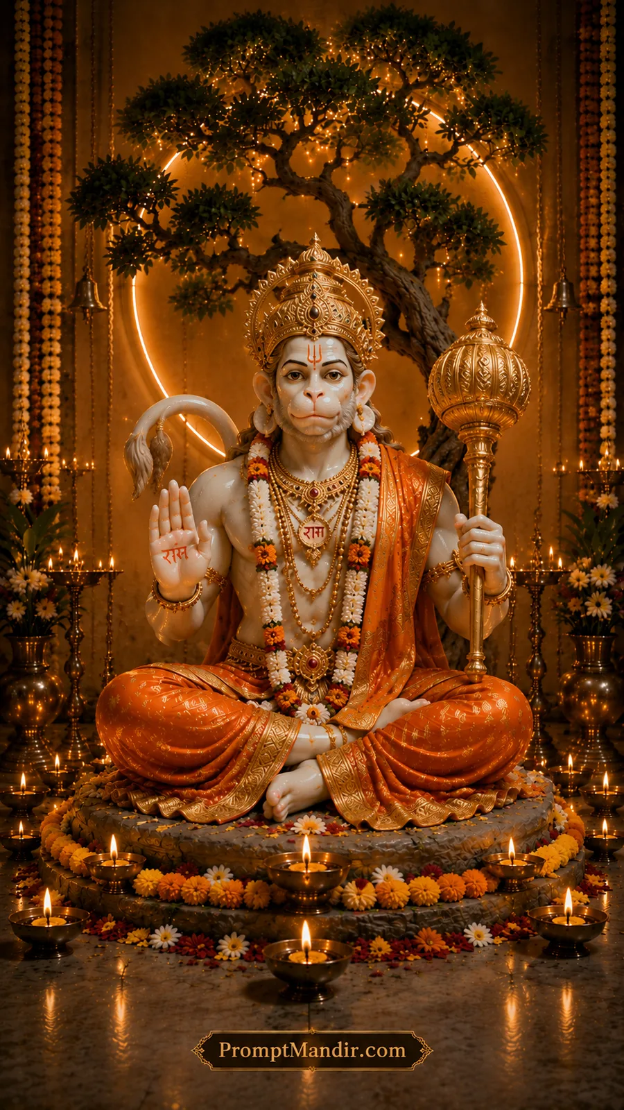 Blessed Lord Hanuman holding golden gada before sacred illuminated tree and glowing diyas
