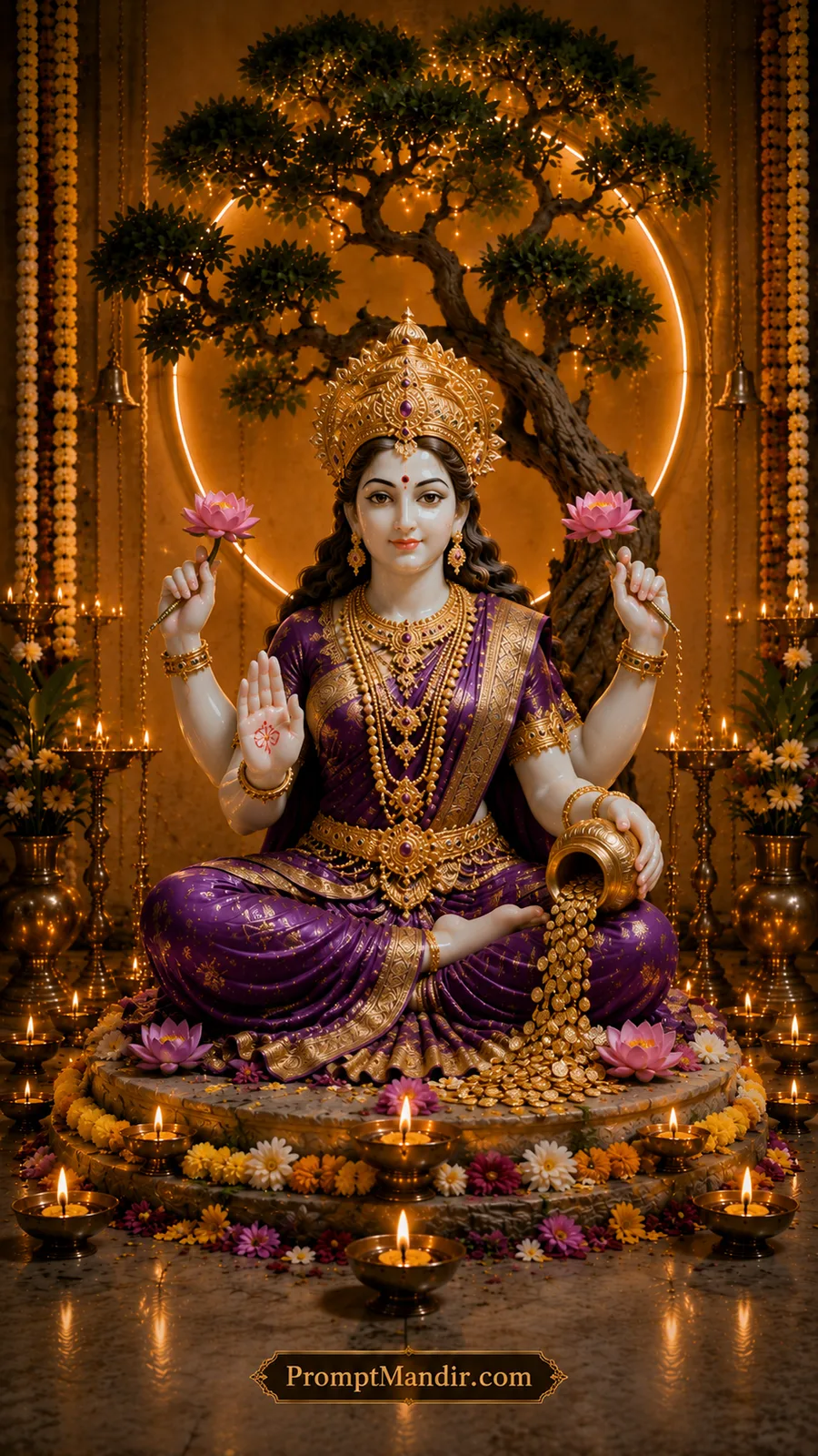 Radiant Goddess Lakshmi holding lotus with overflowing gold beside sacred illuminated tree