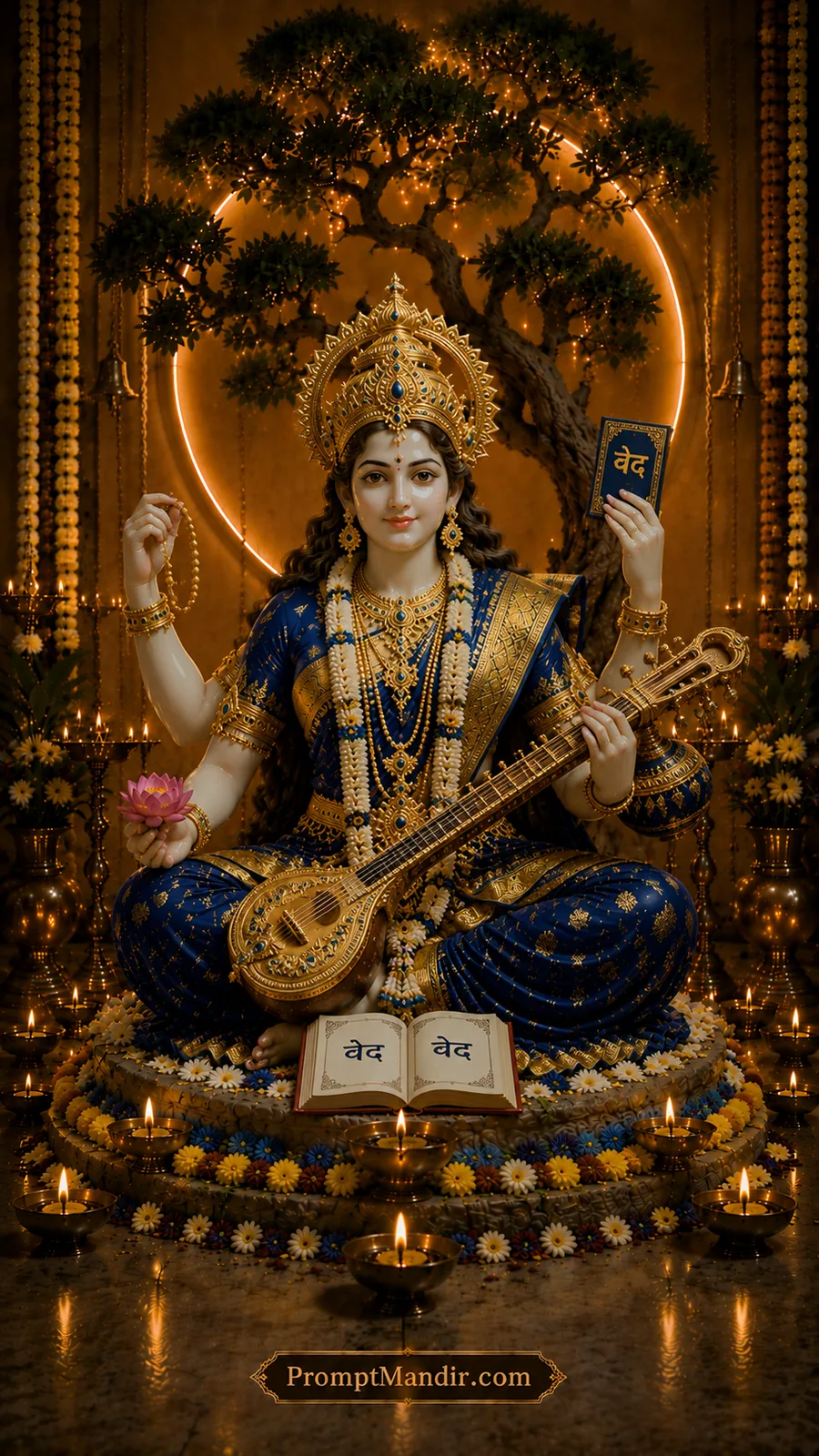 Graceful Goddess Saraswati holding veena and Vedas before glowing sacred tree backdrop