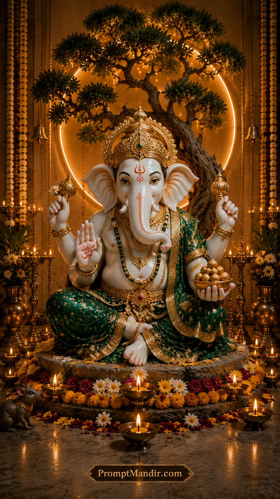 Divine Lord Ganesha holding modaks beneath sacred illuminated tree with glowing temple lamps