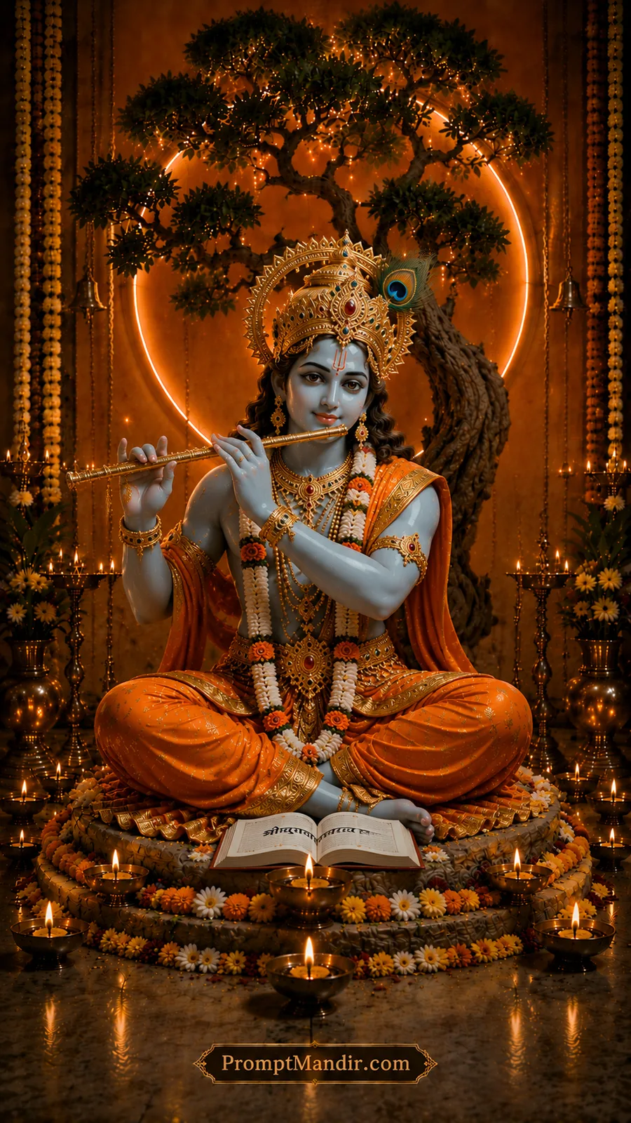Young Lord Krishna playing flute beside sacred scripture beneath glowing temple tree