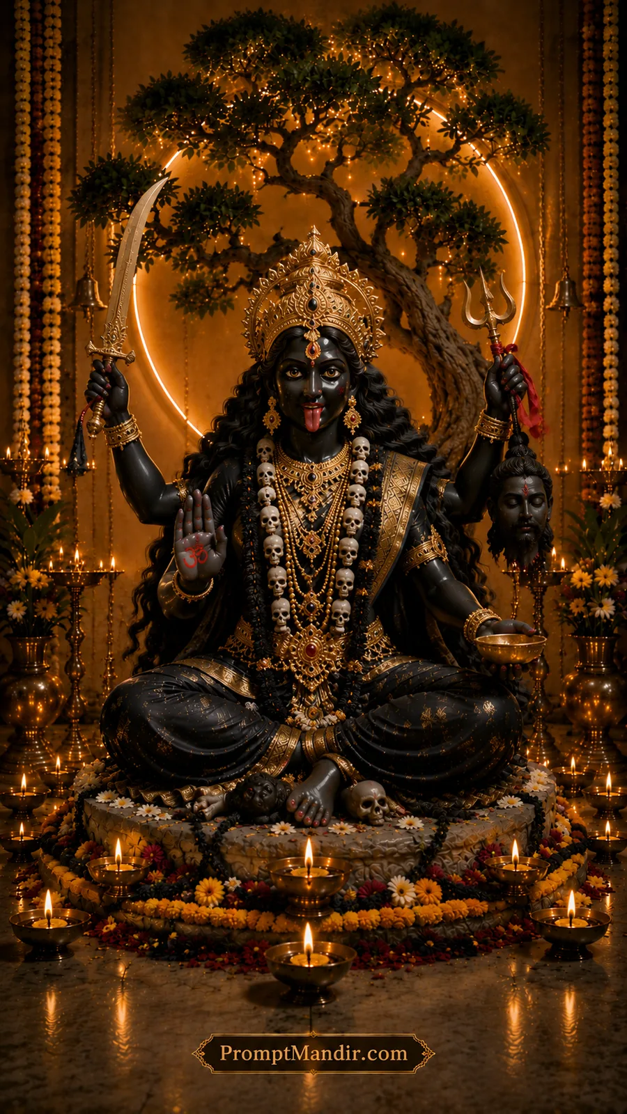 Powerful Goddess Kali seated with sword and trident before glowing sacred temple tree