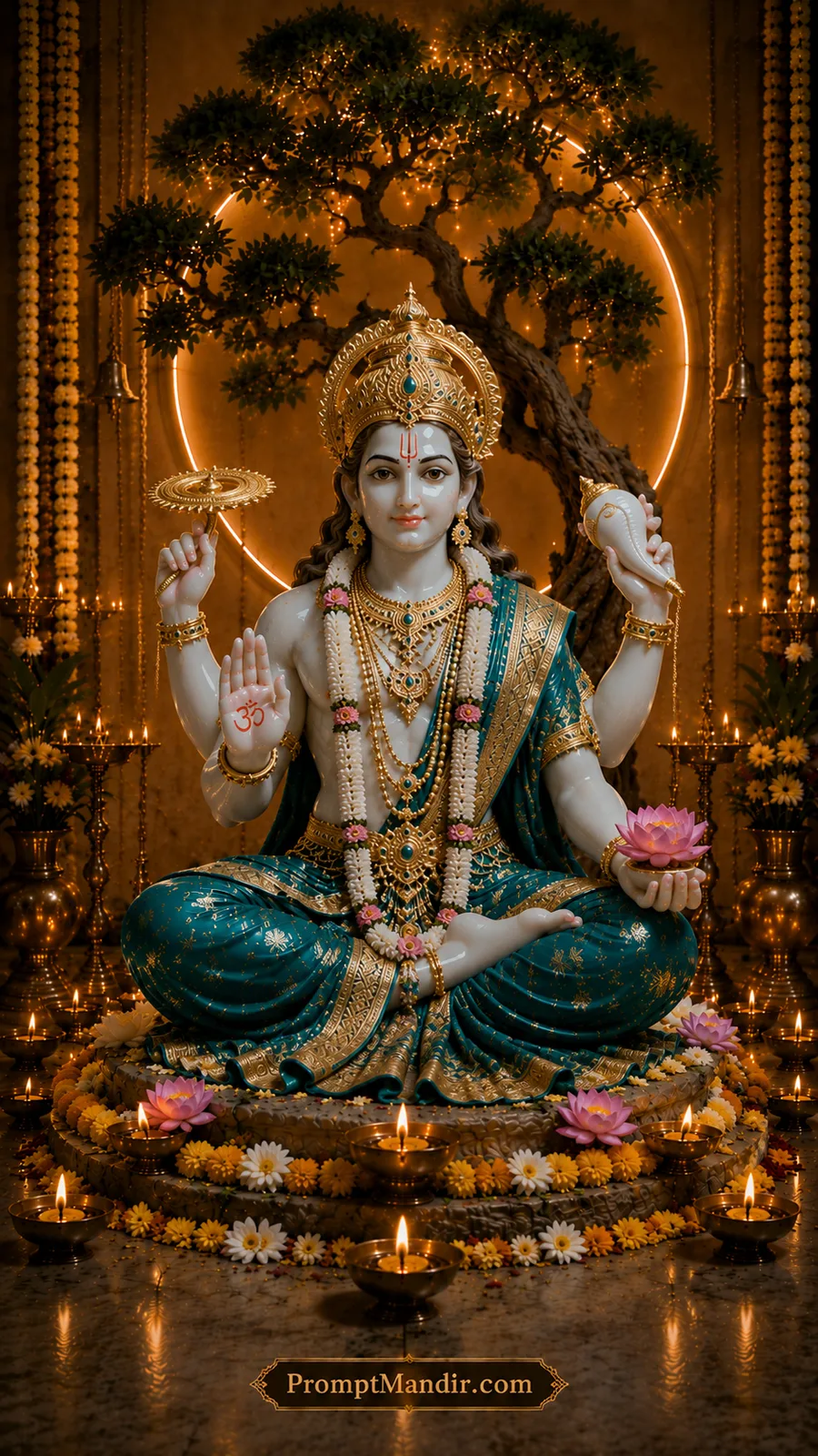 Peaceful Lord Vishnu holding chakra and conch before illuminated sacred tree with lotus