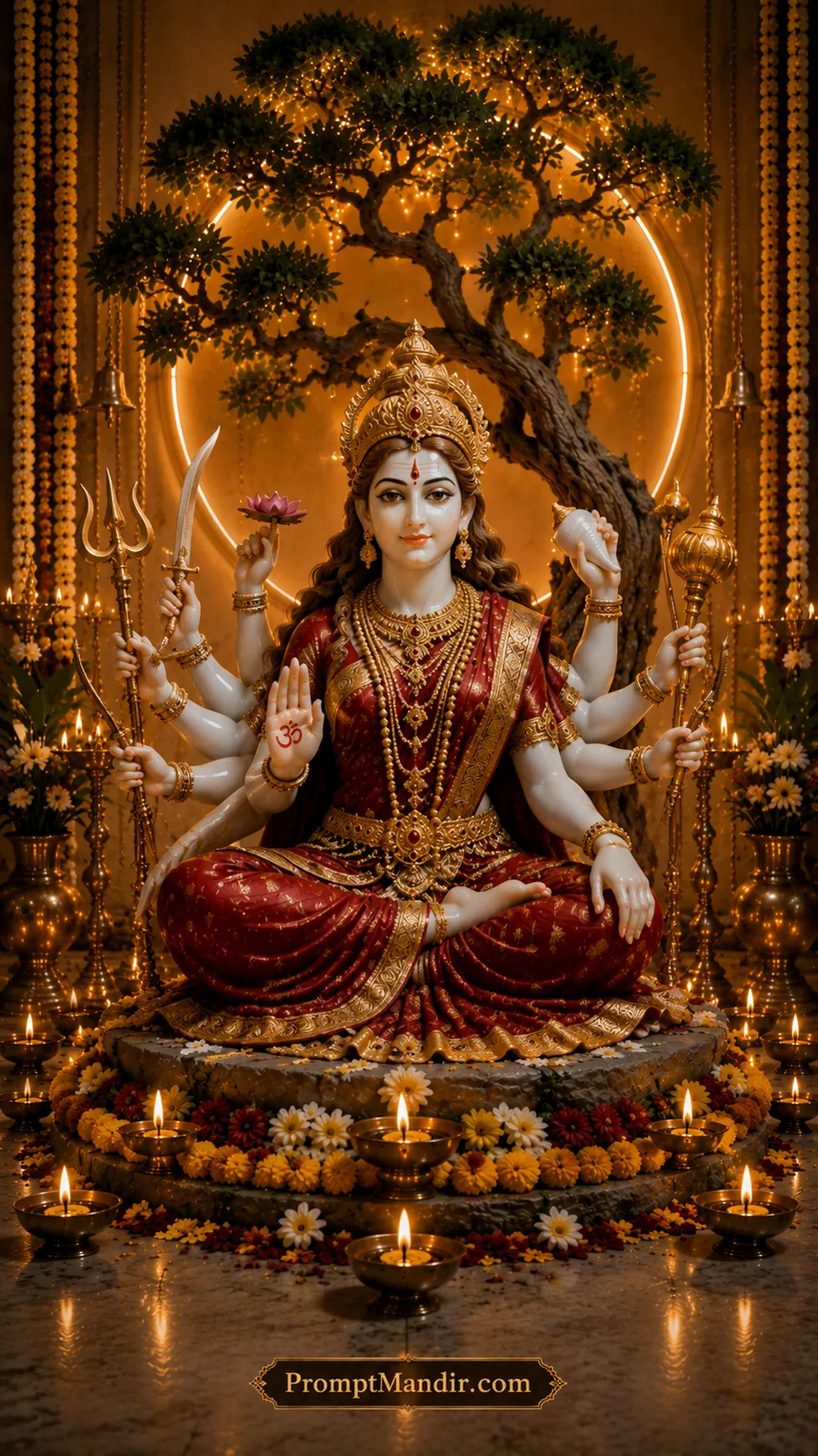 Majestic Goddess Durga seated with sacred weapons beneath glowing halo and temple tree