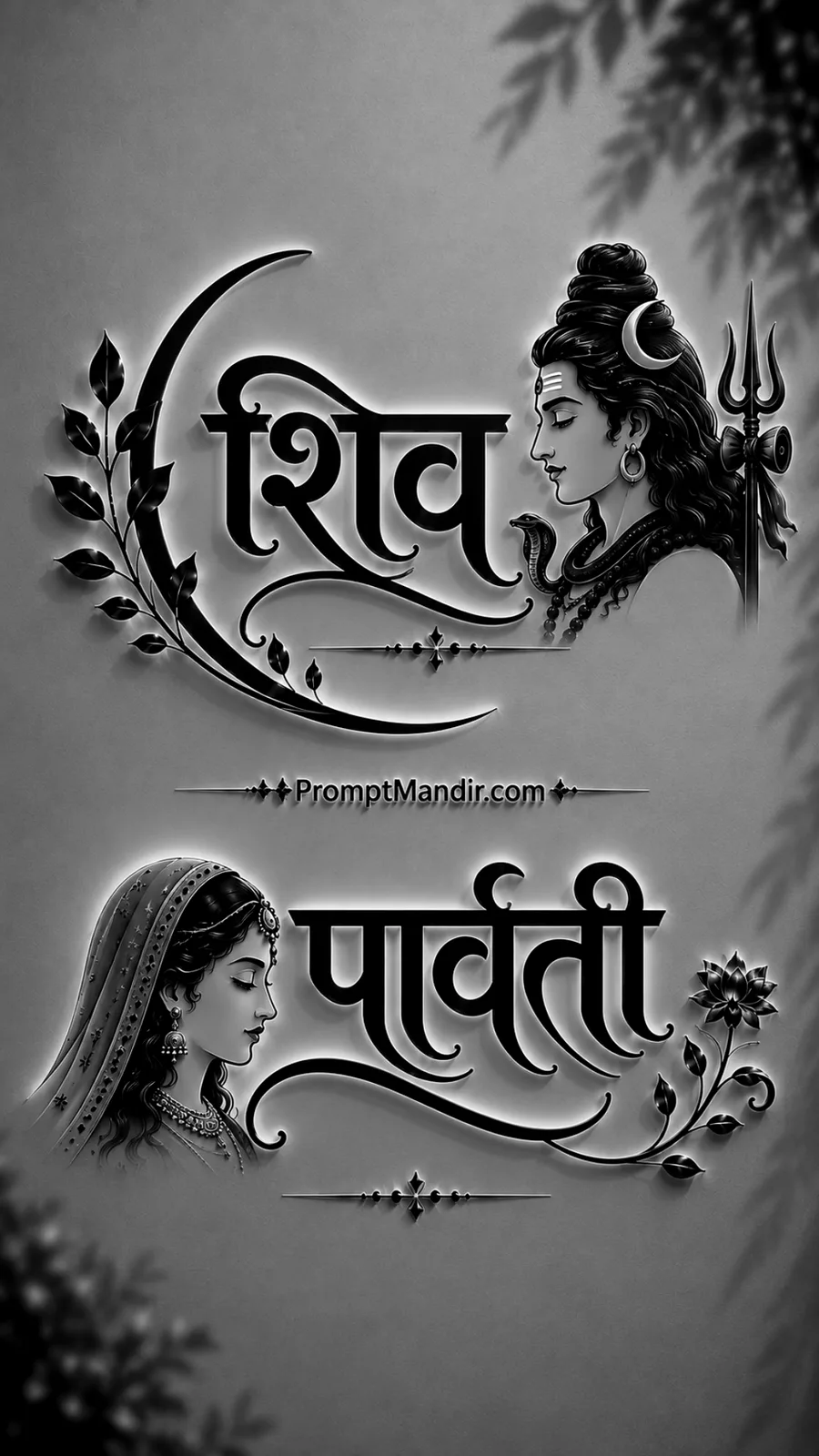 Elegant 3D black and white embossed typography of Lord Shiva and Goddess Parvati with their names in Devanagari script and floral motifs