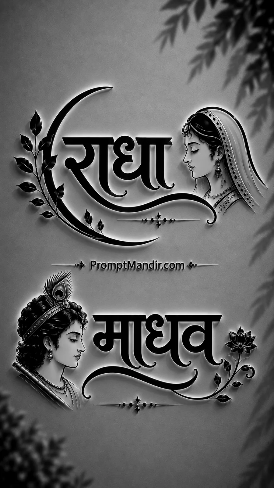 Elegant 3D black and white embossed typography of Goddess Radha and Lord Madhava with their names in Devanagari script and floral motifs