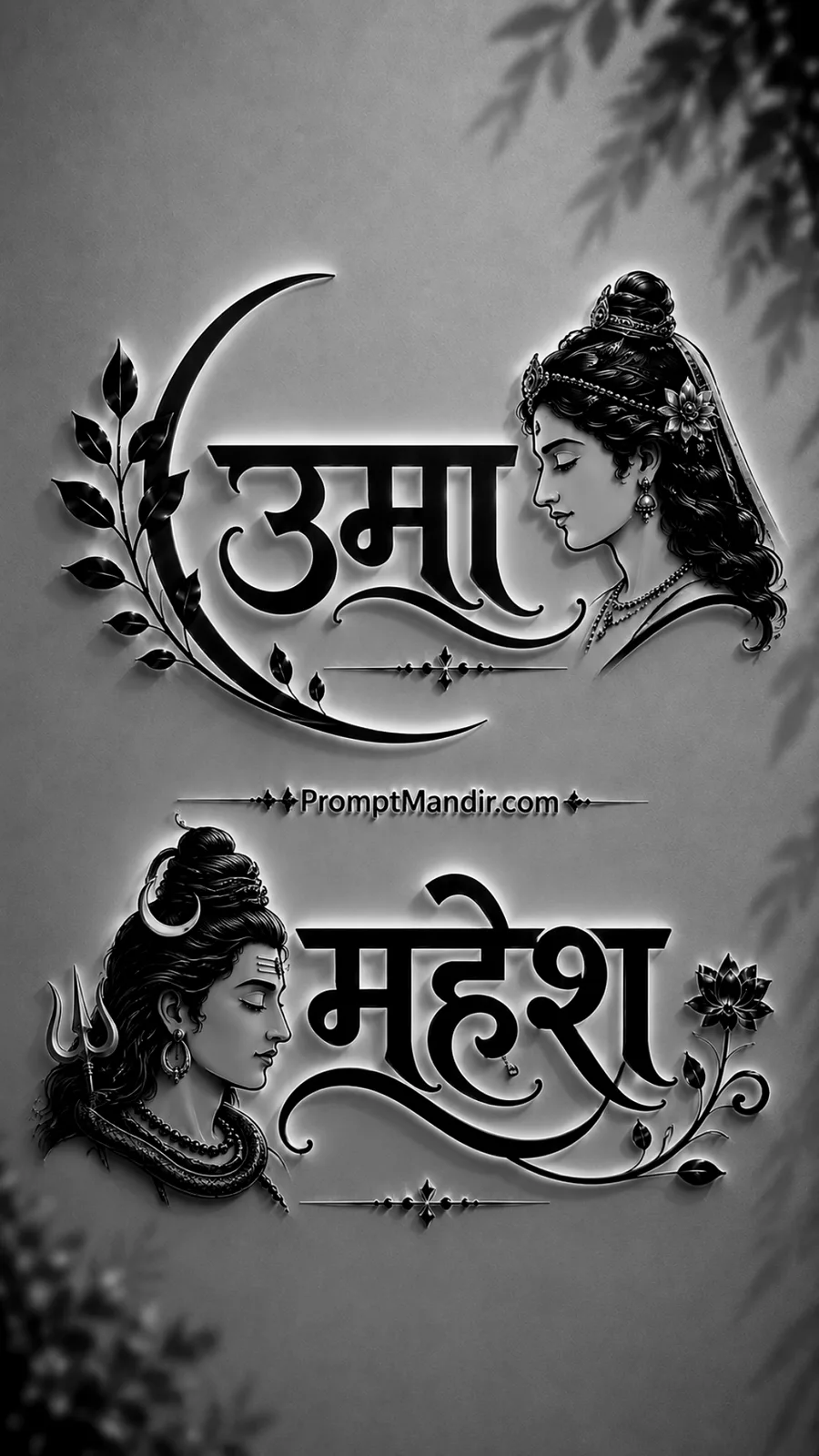 Elegant 3D black and white embossed typography of Goddess Uma and Lord Mahesh (Shiva) with their names in Devanagari script and floral motifs