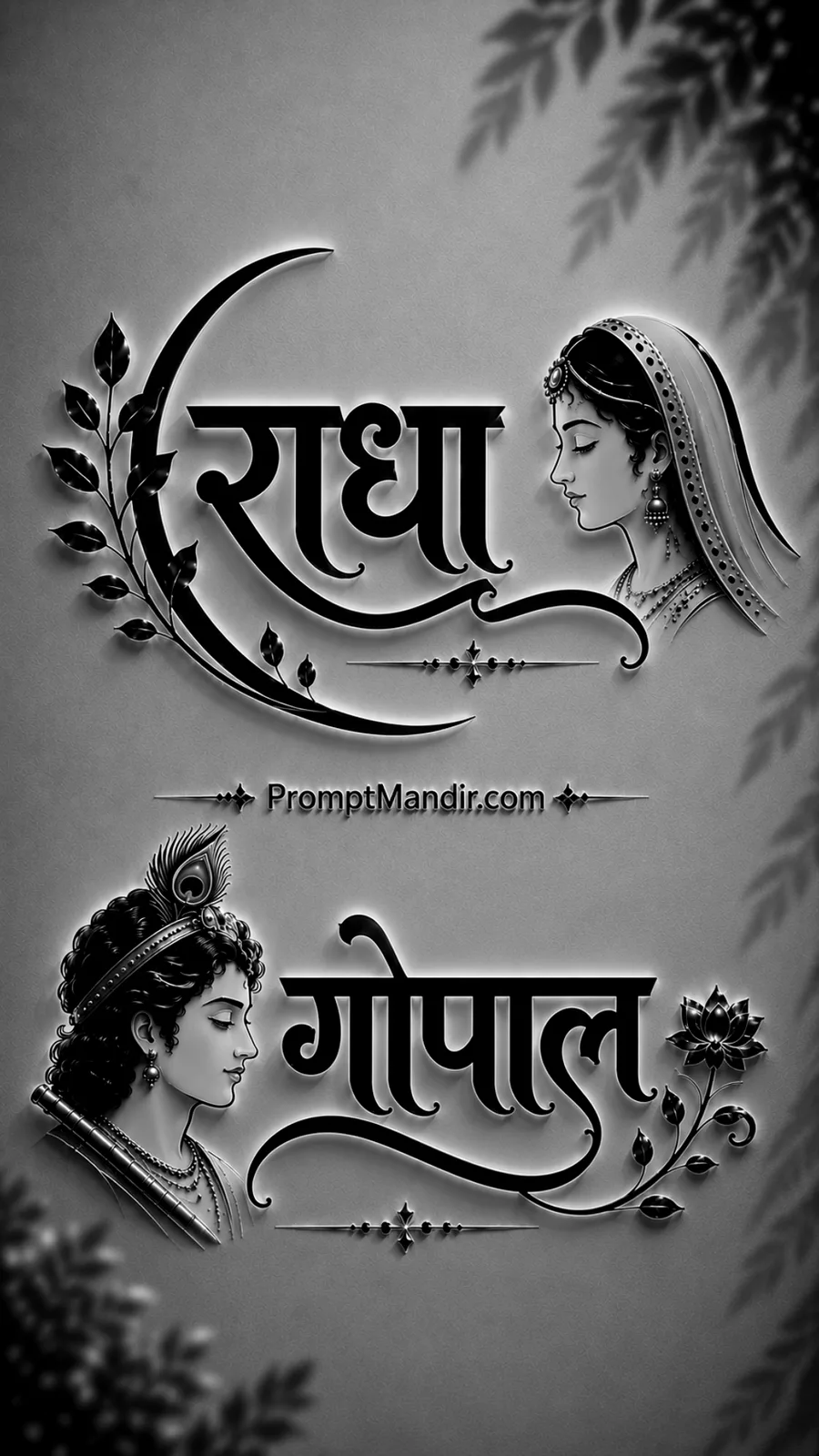 Elegant 3D black and white embossed typography of Goddess Radha and Lord Gopal (Krishna) with their names in Devanagari script and floral motifs