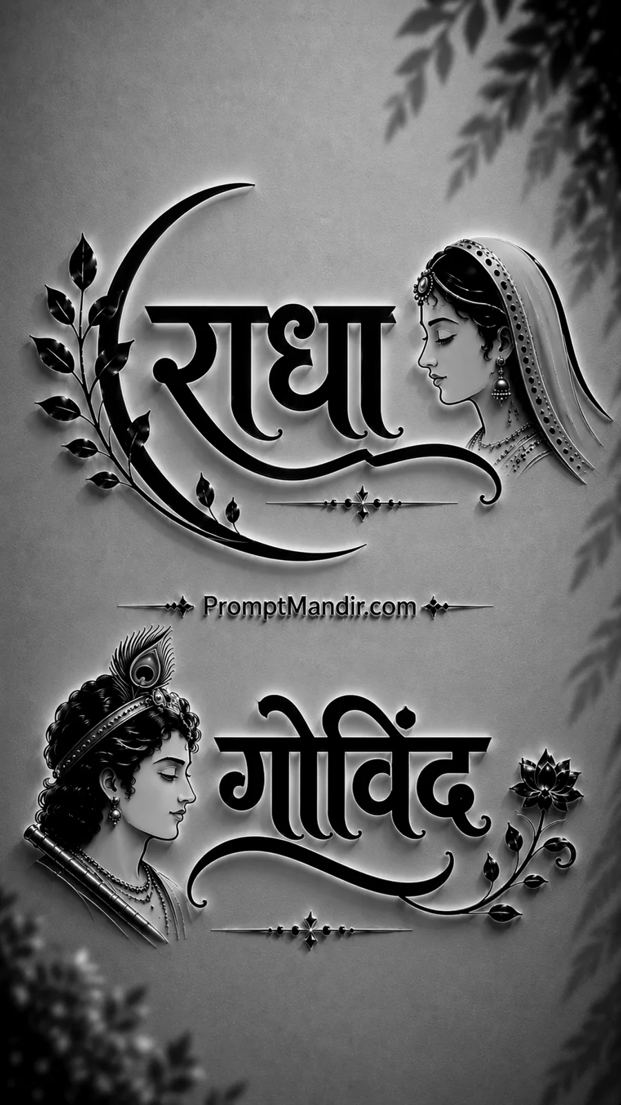 Elegant 3D black and white embossed typography of Goddess Radha and Lord Govind (Krishna) with their names in Devanagari script and floral motifs