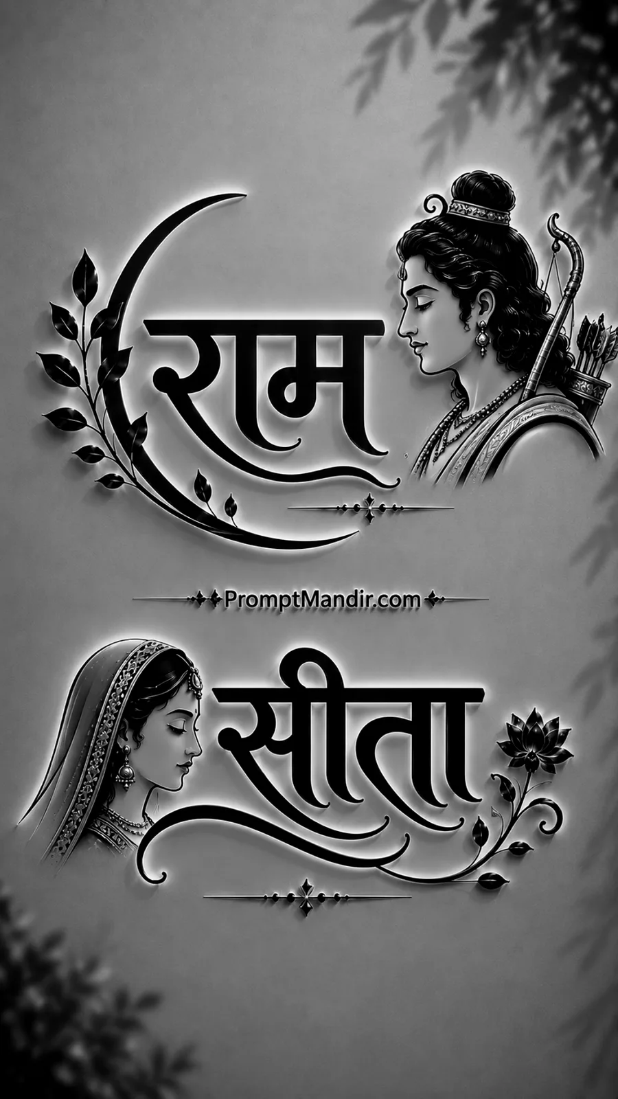 Elegant 3D black and white embossed typography of Lord Rama and Goddess Sita with their names in Devanagari script, bow, and floral motifs