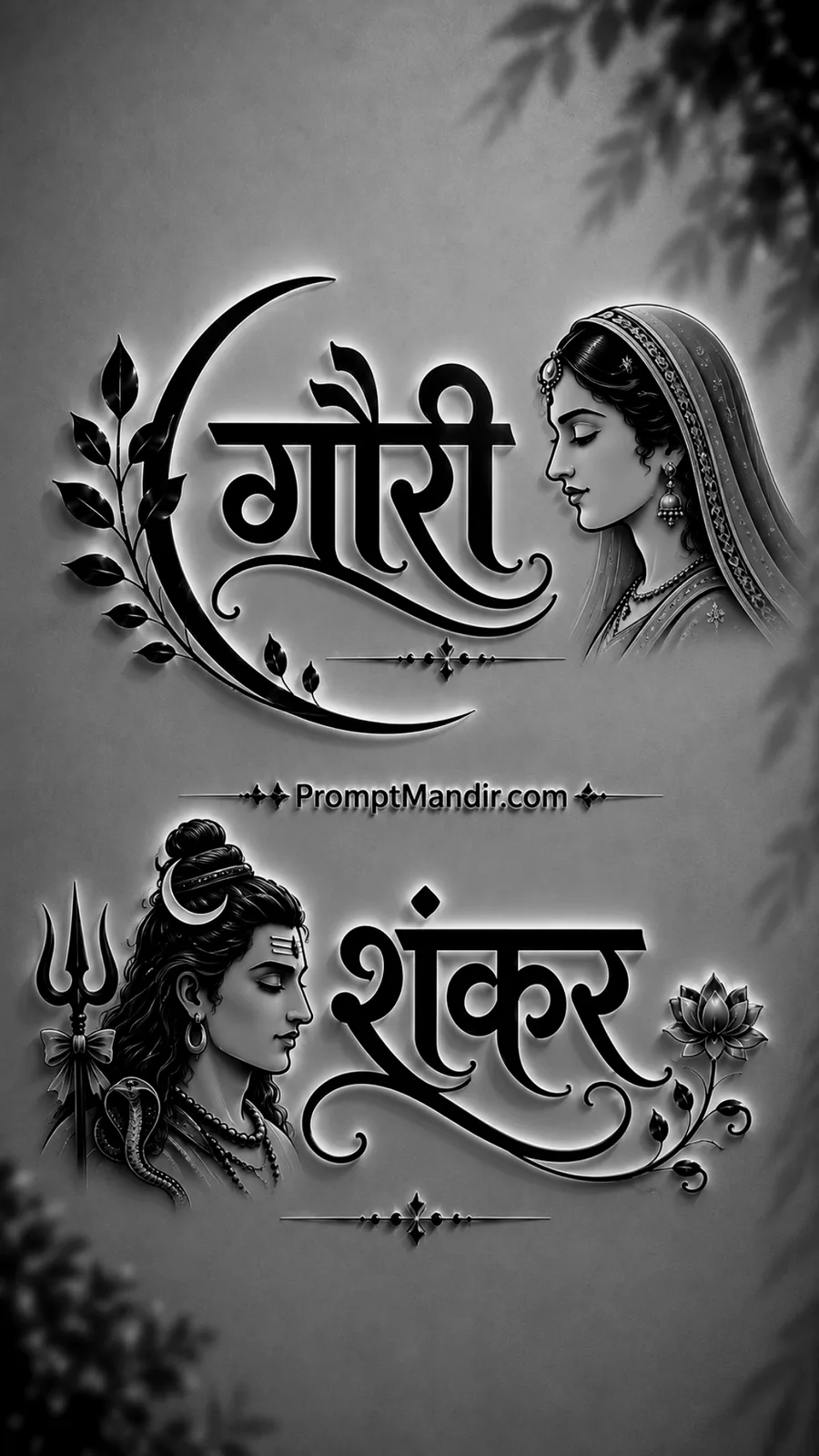 Elegant 3D black and white embossed typography of Goddess Gauri and Lord Shankar (Shiva) with their names in Devanagari script and floral motifs
