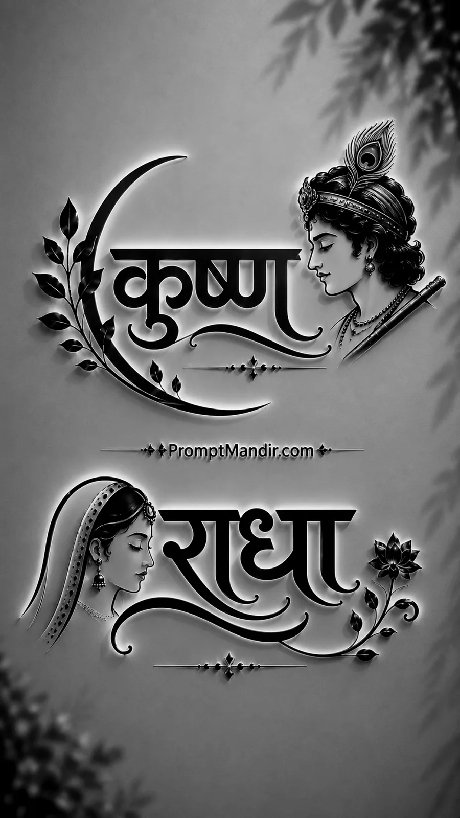Elegant 3D black and white embossed typography of Lord Krishna and Goddess Radha with their names in Devanagari script, flute, and peacock feather